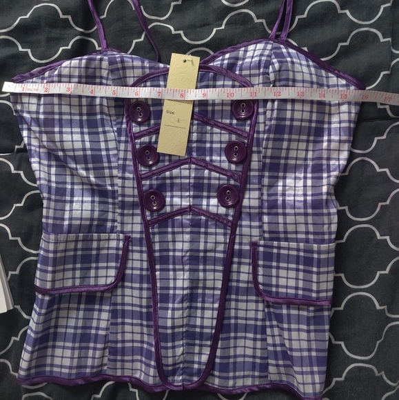 🆕 Katia purple checkered plaid academia cotton blend spaghetti strap top_M,L - Picture 9 of 15